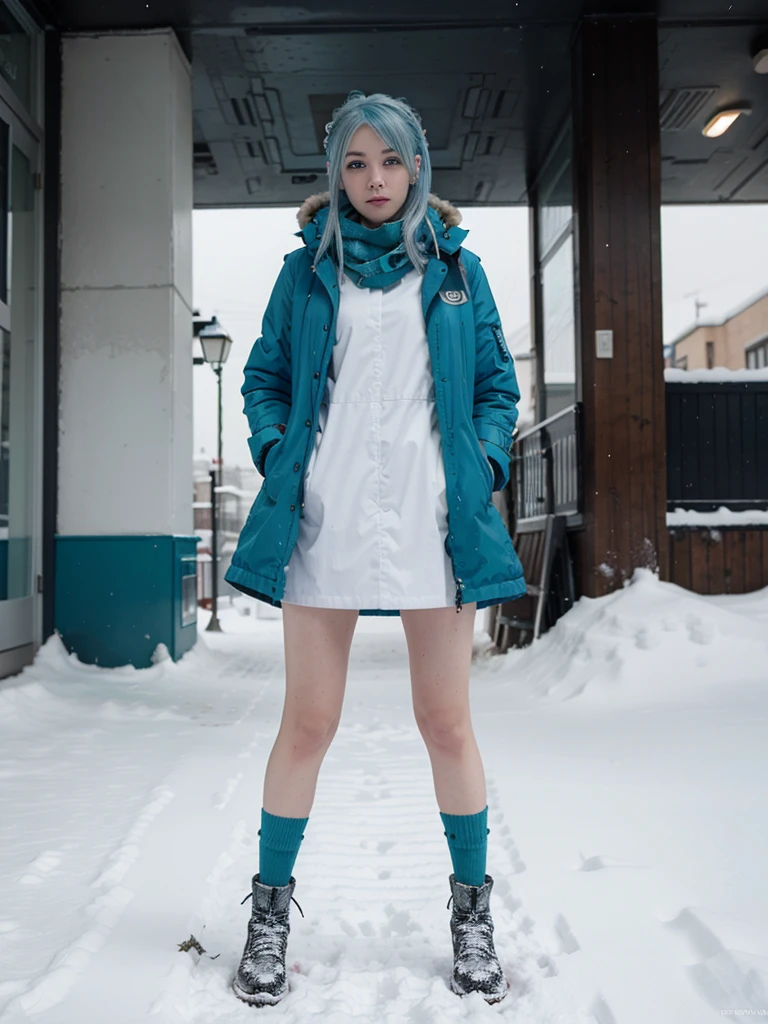 Best quality,Very high accuracy,1girl,Single,Full body,snow,city,, Blue hair,green eyes,Jack,,