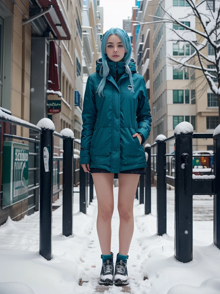 Best quality,Very high accuracy,1girl,Single,Full body,snow,city,, Blue hair,green eyes,Jack,,