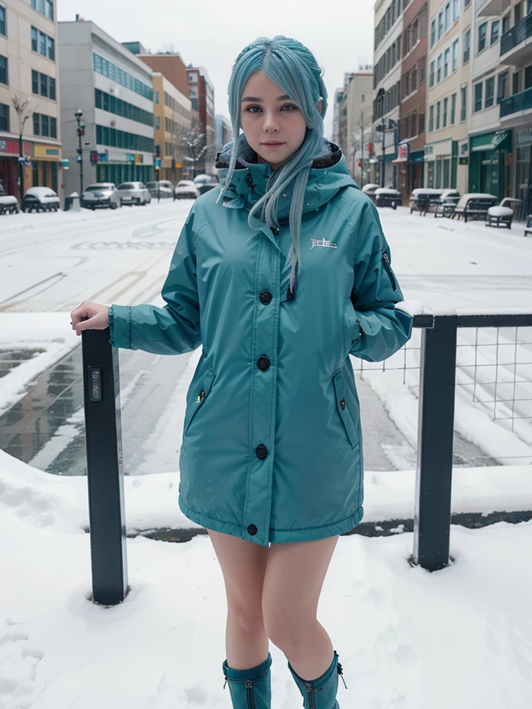 Best quality,Very high accuracy,1girl,Single,Full body,snow,city,, Blue hair,green eyes,Jack,,