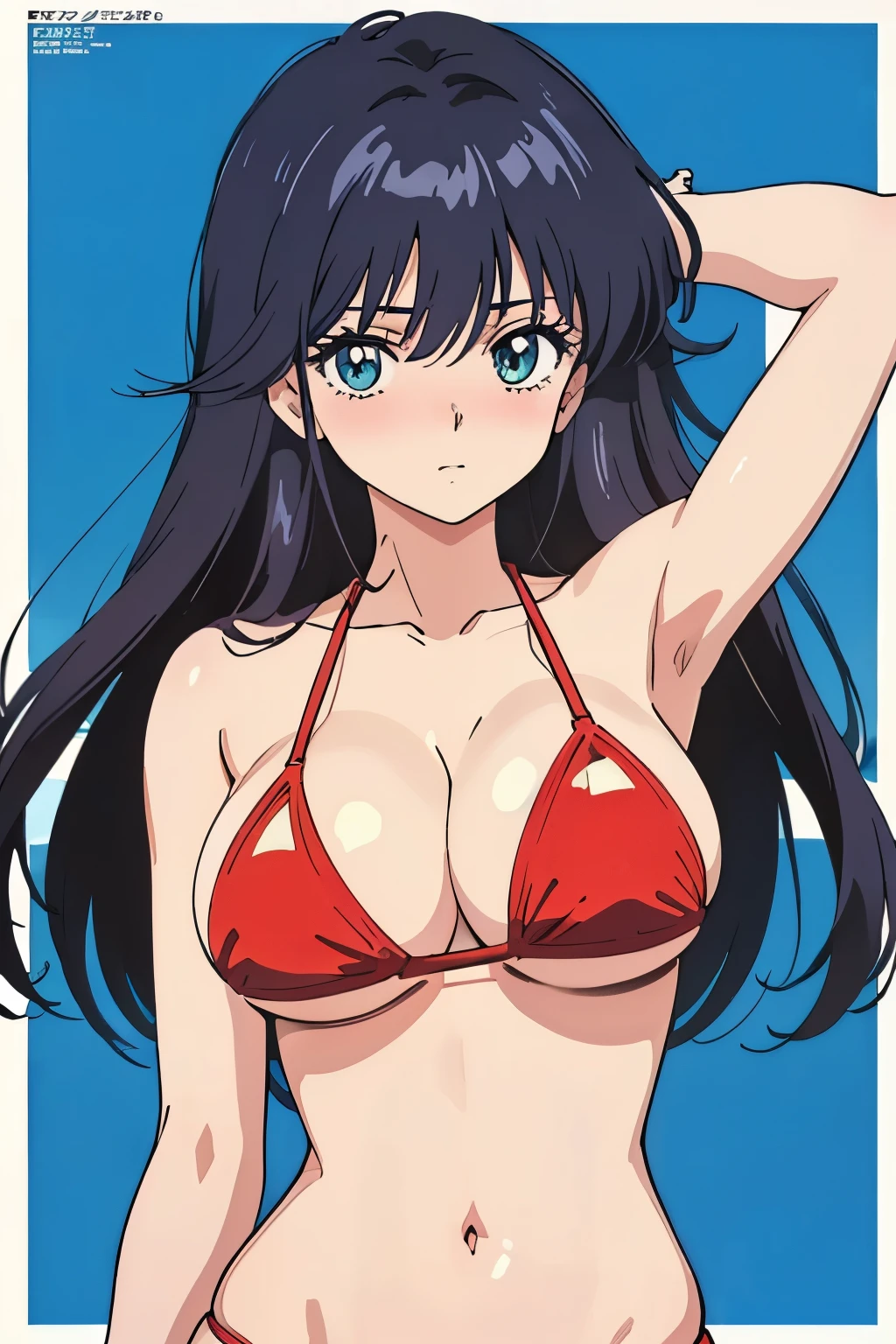 (masutepiece, Best Quality, High resolution:1.5, anime colours, megami magazine:1.2, anime poster style, anime keyvisual, sharp, 8k, photorealistic), (beautiful detailed eyes:1.5, beautiful detailed face:1.2), madoka ayukawa, 1girl, blush, (black hair, Long Hair), (sagging huge breasts), (red bikini), upper body, (Perfect detailed Anatomy, beautiful detailed hair, beautiful detailed body:1.2, shiny skin), (thick outline, Beautiful outlines, black outlines), simple background