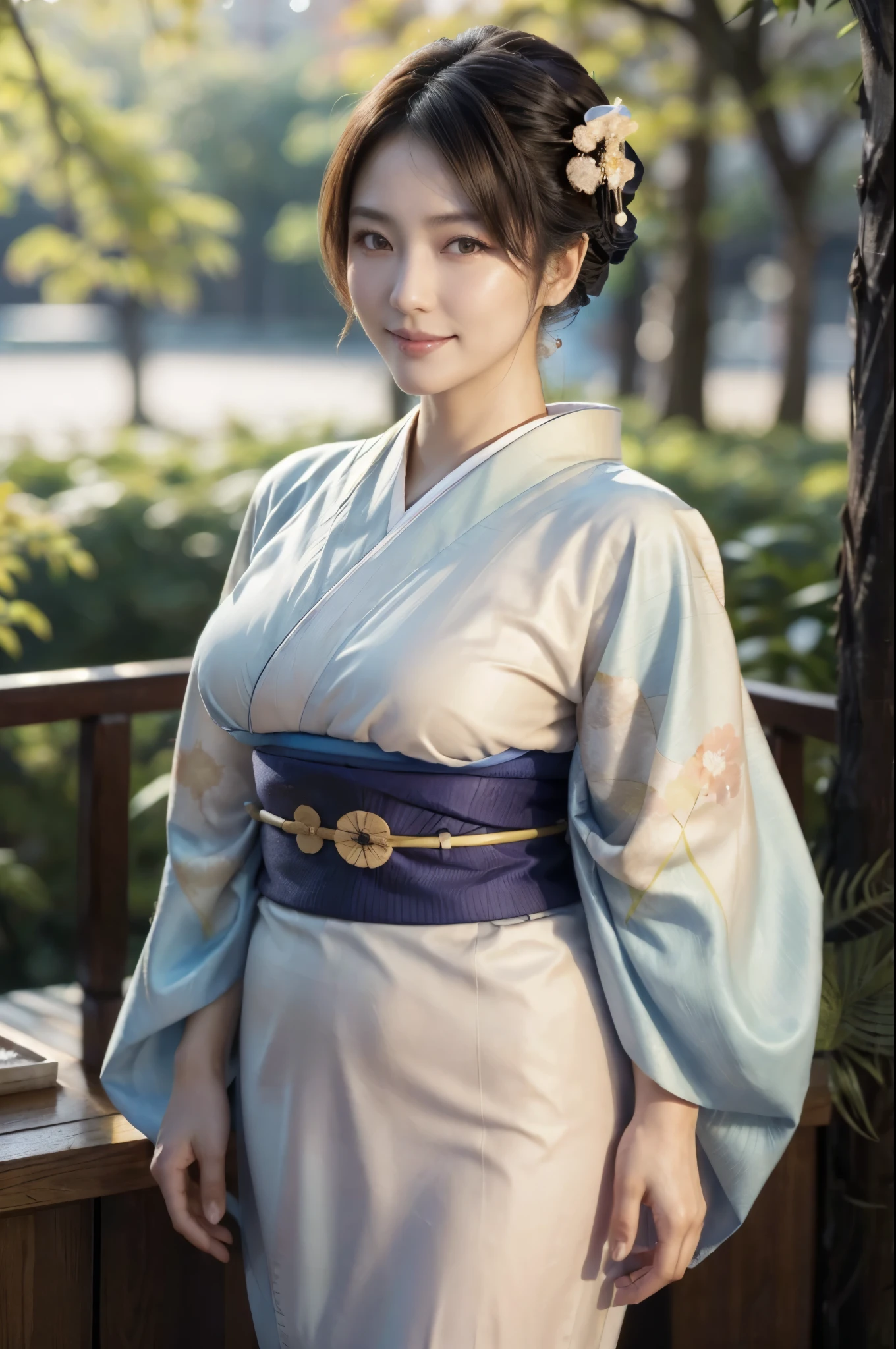 (masterpiece, highest quality, Realistic, High resolution, photograph, :1.3), Sharp focus, 1 Cute Japanese mature woman, 40 years old, Hot Model, gentle face, Highly detailed eyes and pupils, Realistic Skin, ((Voluptuous body)), Neckline, Highly detailed hair, Delicate face, Sensual look, Bright lips, Chubby lips, Natural Lip, big thick thighs, ((kimono:1.5)), ((full body)), ((whole body shot:1.5)), looking at viewer, smile, ((from below)), (((Trendy hairstyles:1.2))), ((hair ornament:1.2)), autumn setting, autumn trees and leaves