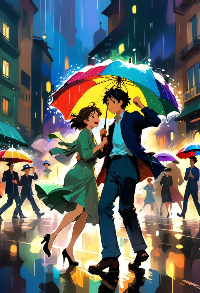 (Dancing in the Rain), a couple dances in the rain on the street, dressed in casual dance clothes. Surrounded by hurried pedestrians and colorful umbrellas, their movements attract the attention of passersby. The background is a city in the rain, full body, (Ghibli style), panoramic view, award-winning, cinematic still, emotional, vignette, dynamic, vivid, (masterpiece, best quality, Professional, perfect composition, very aesthetic, absurdres, ultra-detailed, intricate details:1.3)