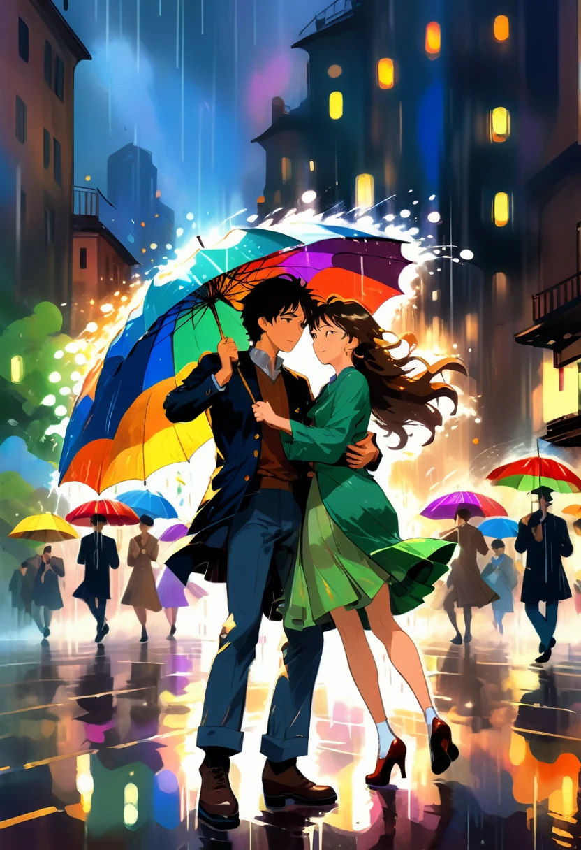 (Dancing in the Rain), a couple dances in the rain on the street, dressed in casual dance clothes. Surrounded by hurried pedestrians and colorful umbrellas, their movements attract the attention of passersby. The background is a city in the rain, full body, (Ghibli style), panoramic view, award-winning, cinematic still, emotional, vignette, dynamic, vivid, (masterpiece, best quality, Professional, perfect composition, very aesthetic, absurdres, ultra-detailed, intricate details:1.3)