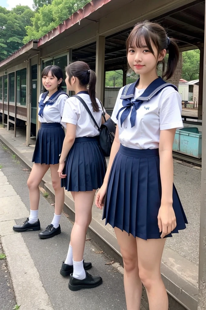 girls in rural railway station,train on far side,cumulonimbus cloud in summer sky,short-sleeved white shirt with sailor collar,navy blue pleated skirt,school bag,18-year-old,bangs,a little smile,thighs,knees,short hair with low pigtails bunches,from beside,front light