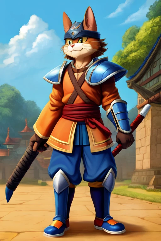 gato Samurai, light orange color and blue armor