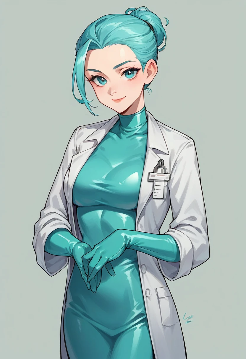 1girl, ((cyan gloves)), ((surgical gloves)), ((latex gloves)), ((long sleeves)) ((cyan surgeon outfit)), looking at viewer, ((doctor outfit)), standing, solo