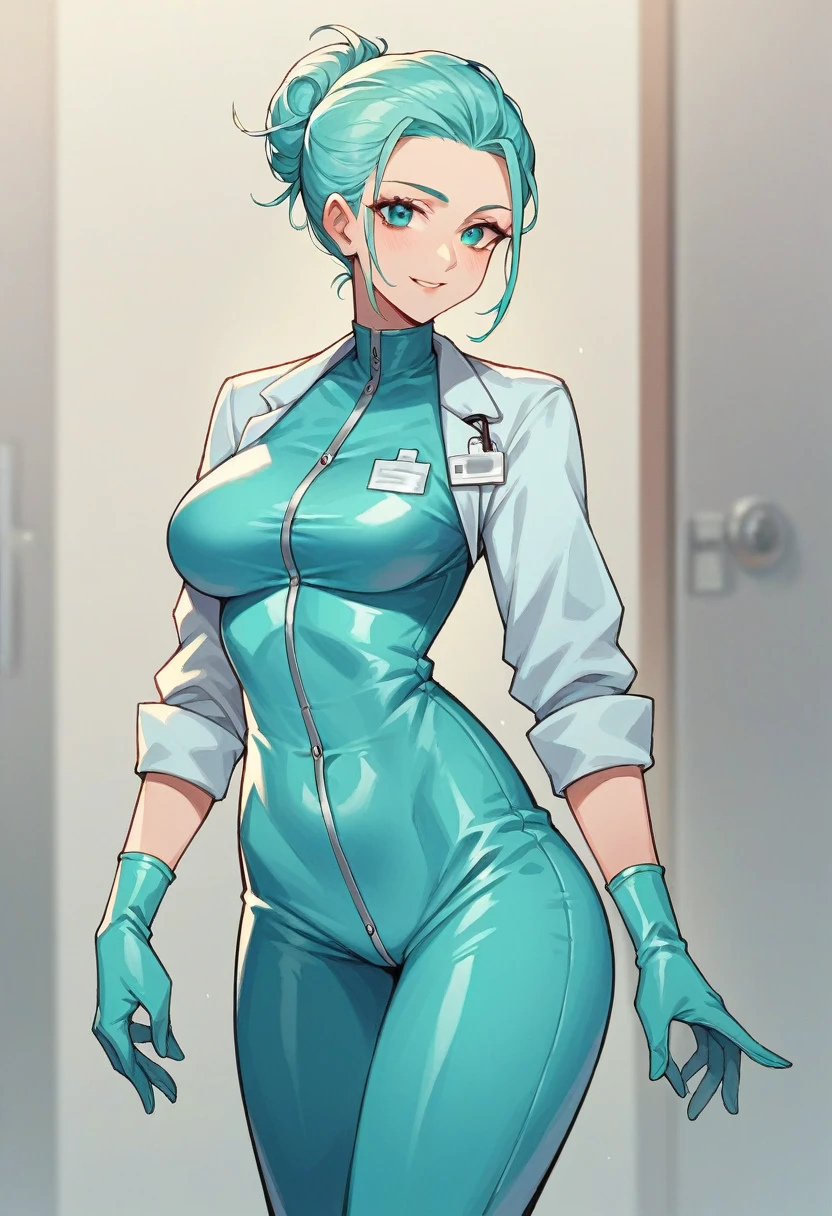 1girl, ((cyan gloves)), ((surgical gloves)), ((latex gloves)), ((long sleeves)) ((cyan surgeon outfit)), looking at viewer, ((doctor outfit)), standing, solo