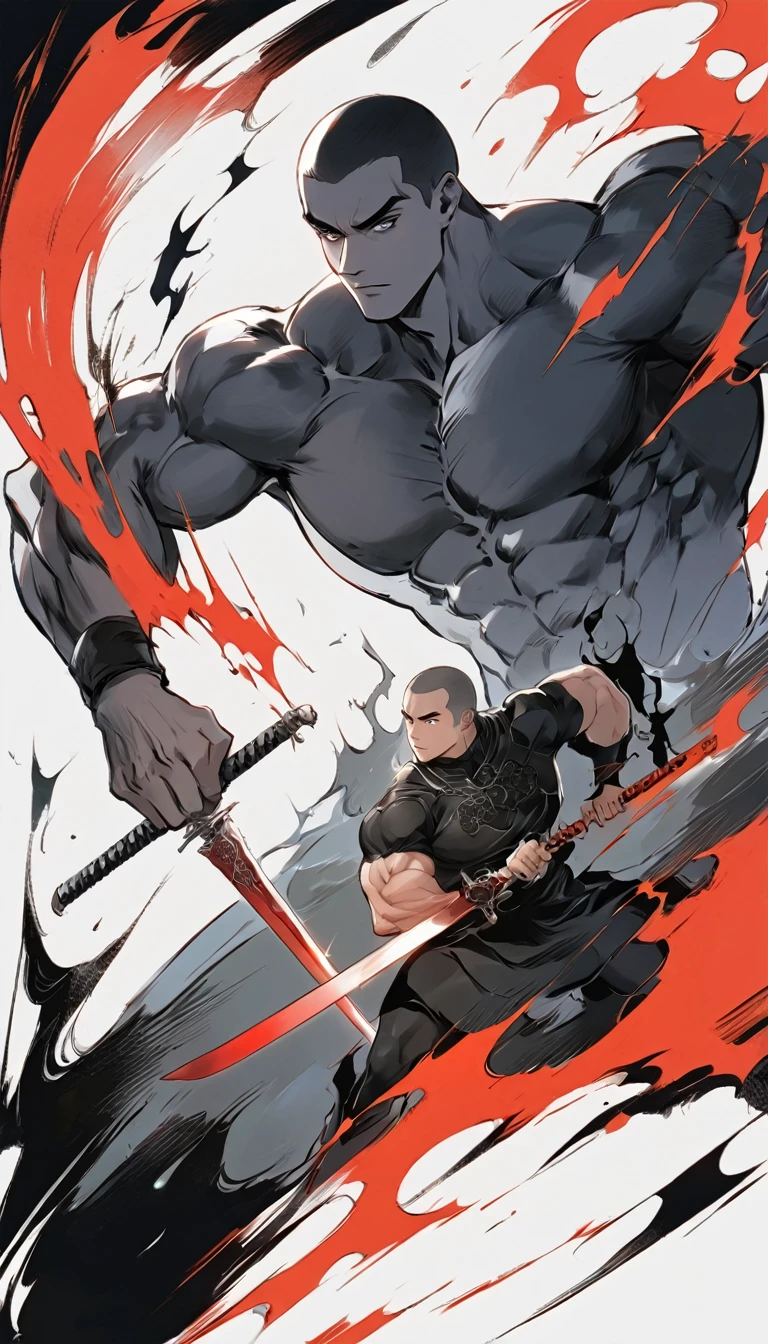 Chinese swordsman，Black satin haunting，Male swordsman，muscular，Short curly hair，Buzz Cut，Black satin haunting，Explosive muscles，Black spandex tights，Handsome，perfect pupils，Simple lines，Abstract Art，Holding a red long sword，