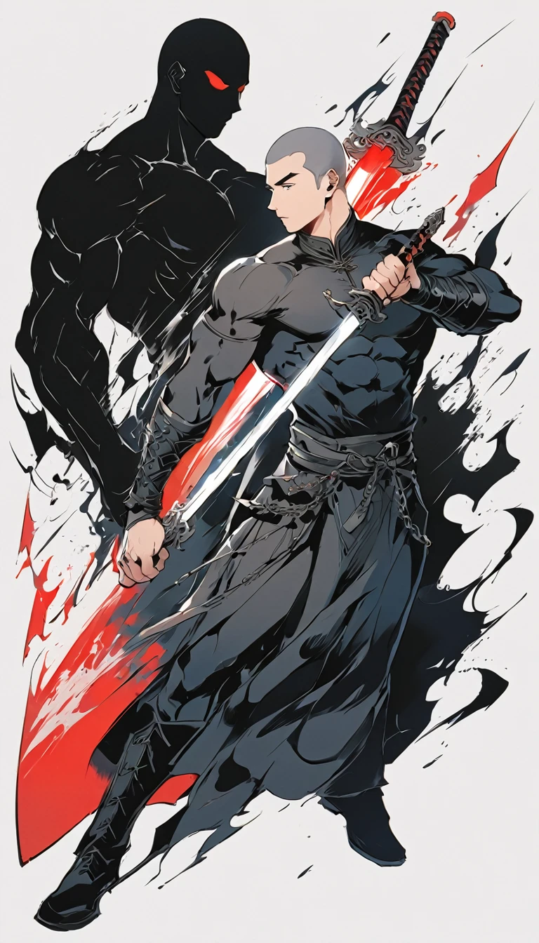 Chinese swordsman,Black satin haunting,Male swordsman,muscular,Short curly hair,Buzz Cut,Black satin haunting,Explosive muscles,Black spandex tights,Handsome,perfect pupils,Simple lines,Abstract Art,Holding a red long sword,