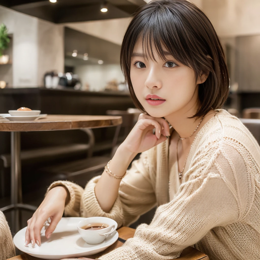 (table top,highest quality)), (realistic:1.4),(((table top,8K)),Stylish café,(Stylish interior),((full body photo))),Photographed in natural light,Highly detailed face and skin texture,highly detailed lips,correct state of the human body,ultra high resolution,(Photoreal:1.4),highest quality, 1 beautiful woman, 38 years old, s, 60mm lens, light beige knit,(medium hair),japanese woman,(black hair),various poses,looking at camera,natural lip color, necklace