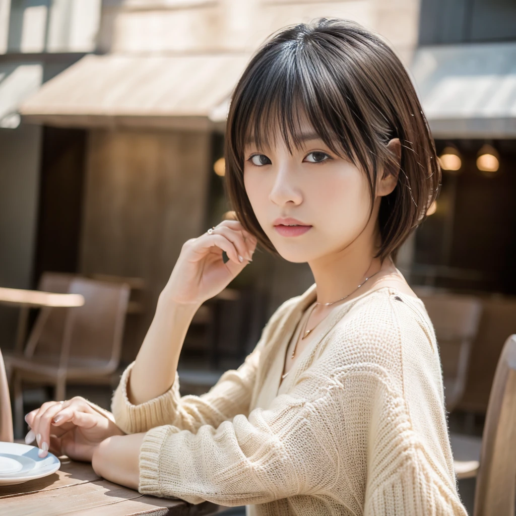 (table top,highest quality)), (realistic:1.4),(((table top,8K)),Stylish café,(Stylish interior),((full body photo))),Photographed in natural light,Highly detailed face and skin texture,highly detailed lips,correct state of the human body,ultra high resolution,(Photoreal:1.4),highest quality, 1 beautiful woman, 38 years old, s, 60mm lens, light beige knit,(medium hair),japanese woman,(black hair),various poses,looking at camera,natural lip color, necklace