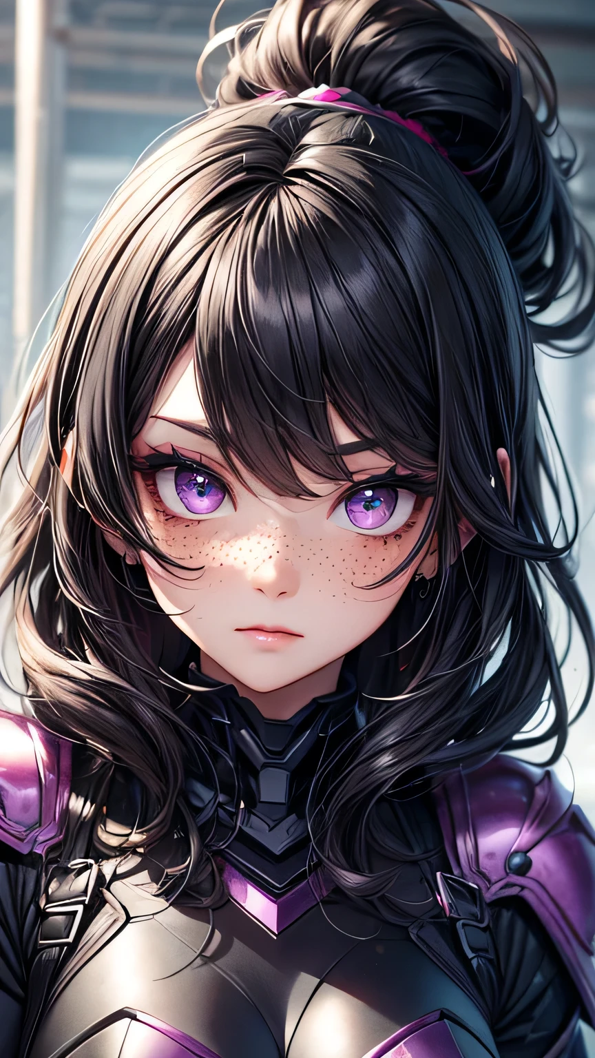 A woman with wavy black hair and purple eyes, Black alien armor, freckles, blush, eye shadow, Cute face