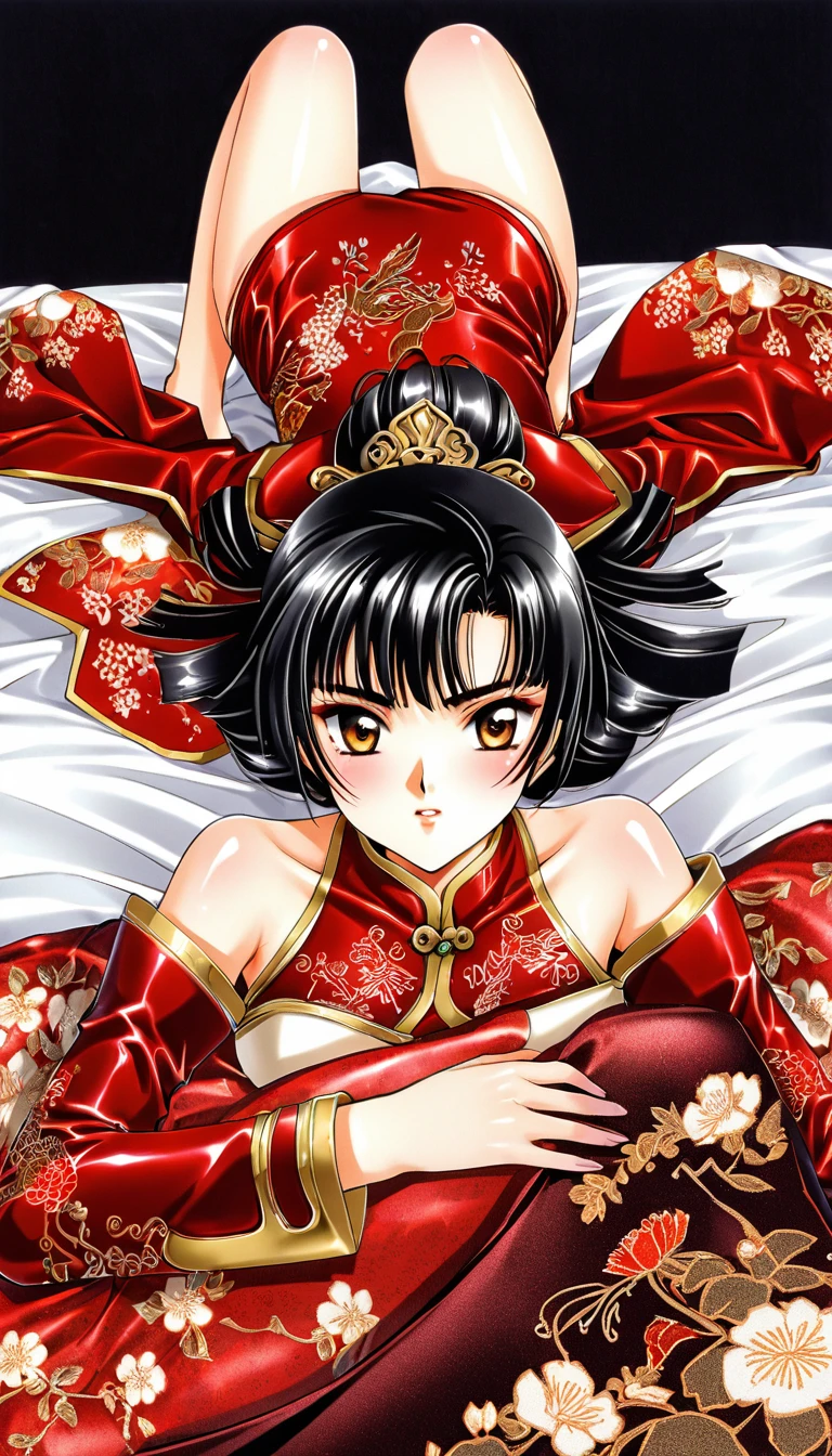 Beautiful 15 year old Chinese Kung Fu girl princess with short black hair　Gorgeous embroidery, Ultra glossy, She is wearing shiny red long sleeve floral pajamas....　She is laid down on a red patent leather futon, with the quilt over her torso and her pussy examined.