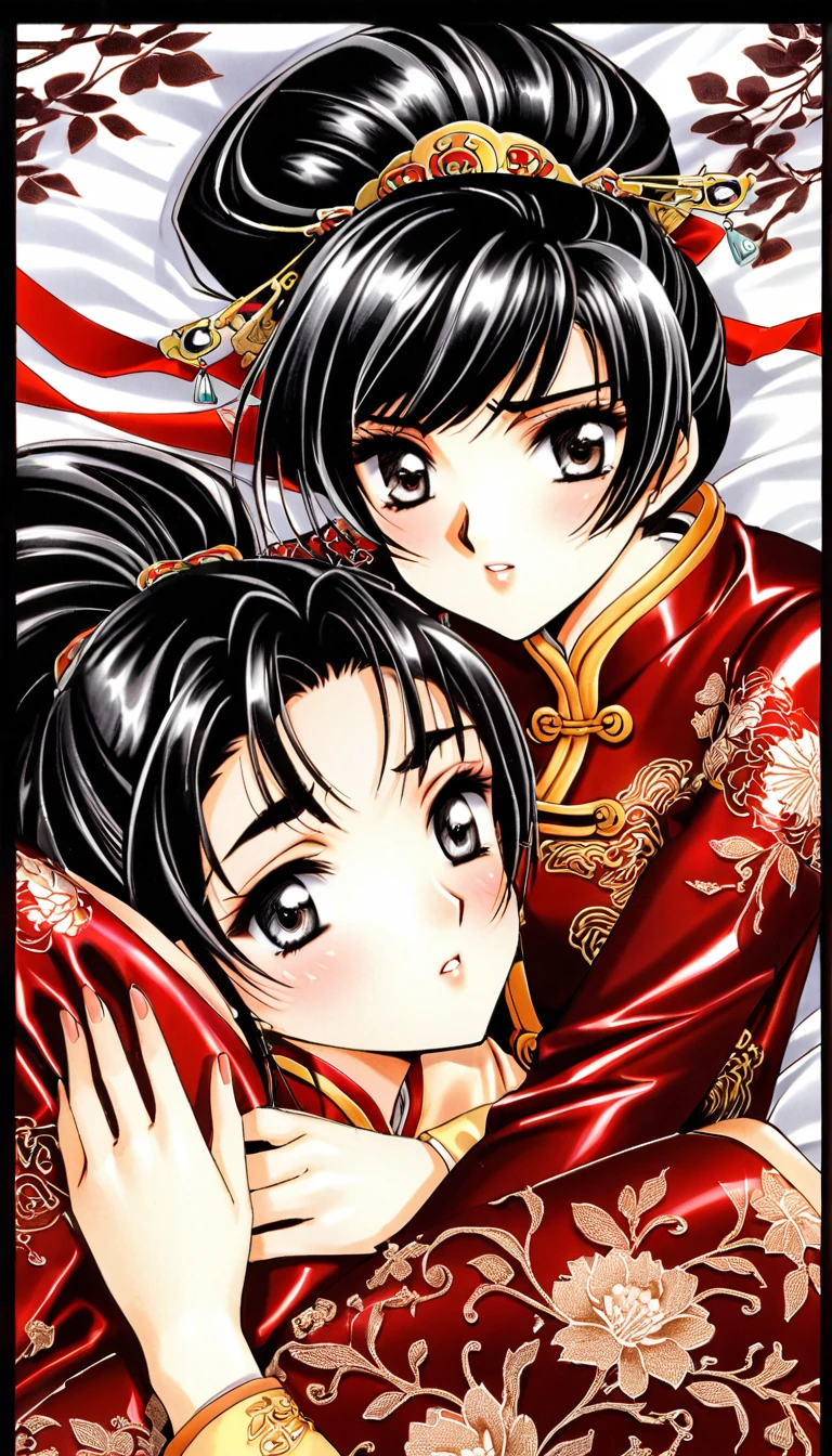 Beautiful 15 year old Chinese Kung Fu girl princess with short black hair　Gorgeous embroidery, Ultra glossy, She is wearing shiny red long sleeve floral pajamas....　She is laid down on a red patent leather futon, with the quilt over her torso and her pussy examined.