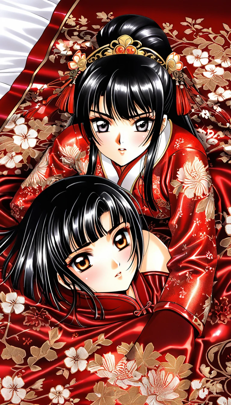 Beautiful 15 year old Chinese Kung Fu girl princess with short black hair　Gorgeous embroidery, Ultra glossy, She is wearing shiny red long sleeve floral pajamas....　She is laid down on a red patent leather futon, with the quilt over her torso and her pussy examined.