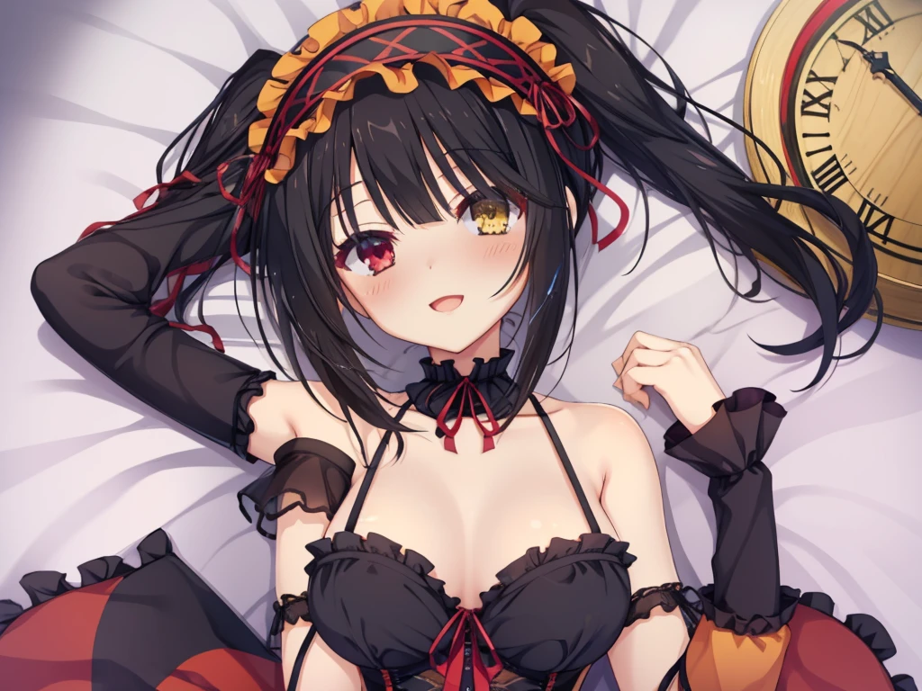 KurumiBase, (clock eyes), heterochromia, twintails, hairband, red dress, frills, detached sleeves, frilled choker,Lying down,四つん這い,bed,Blushing,View your viewers,Open Mouth Smile,Face close up,Simple Background,,best image quality,highest quality
