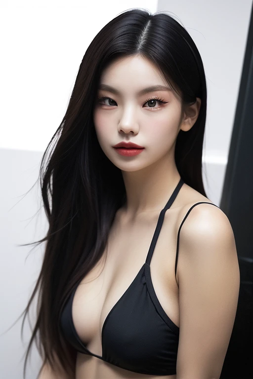 jennie1,1girl, solo, (realistic),(hyperrealism),(best quality),(masterpiece),(ultra high res),(photorealistic),(film grain),(upper body),eye makeup,detailed eyes,detailed face,black bikini, posing for a photo, simple background