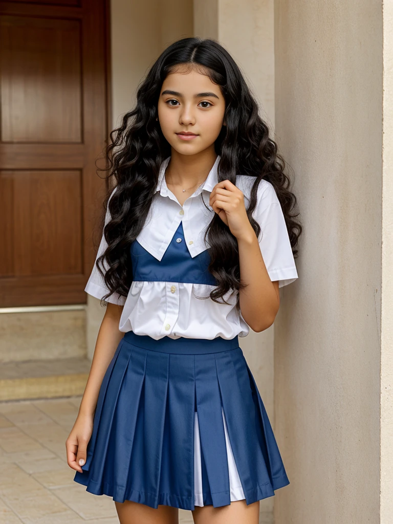 Full body image of a very gorgeus and pretty Argentinian woman. ONE ONLY WOMAN. She dress a college uniform. She has fifteen years old. She has a thin body. She has a beautiful face. She has beautiful face. She has black hair with curls at the ends. She looks innocent. She is holding the edge of her skirt with her right hand, pretending to lift it up but without actually doing so and without showing anything.