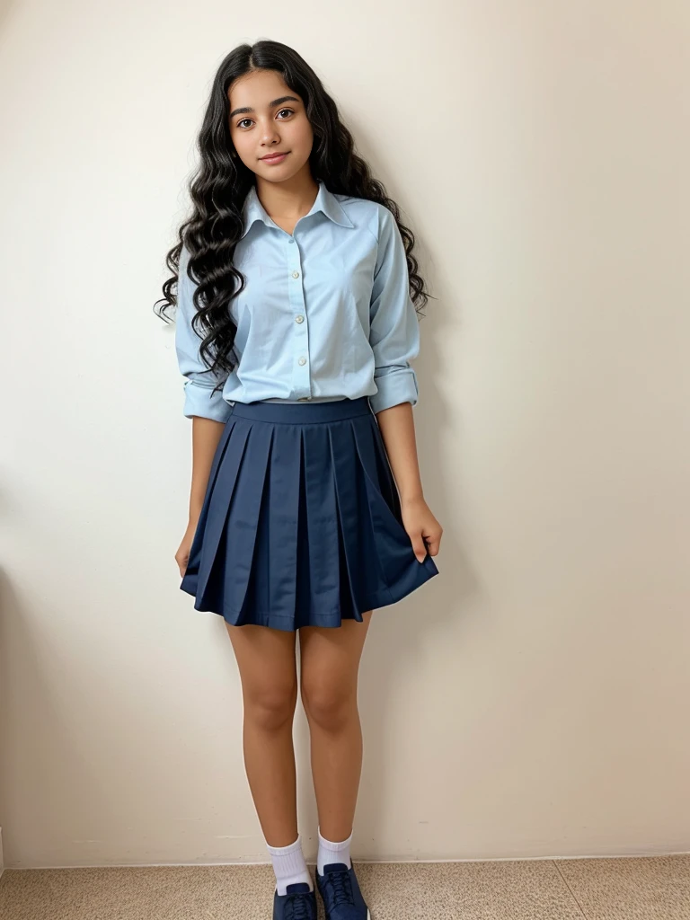 Full body image of a very gorgeus and pretty Argentinian woman. ONE ONLY WOMAN. She dress a college uniform. She has fifteen years old. She has a thin body. She has a beautiful face. She has beautiful face. She has black hair with curls at the ends. She looks innocent. She is holding the edge of her skirt with her right hand, pretending to lift it up but without actually doing so and without showing anything.