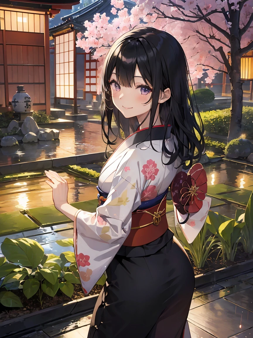 Absurd, Ultra-detailed,Bright colors, 8k,Very beautifully detailed face and eyes, Age 15,(Smooth and straight black hair), (Shiny Hair:1.2), Delicate and beautiful face, blush, in the rainy japanese garden, looking at viewer , (Relaxed smile:1.4), kanzasi, Lantern ,willow, wooden chaise lounge, bangs, kimono, Blur, (dancing at japanise garden:1.5), kimono is wet from the rain and is a little transparent, From the side,  Depth of written boundary,Night Scenery