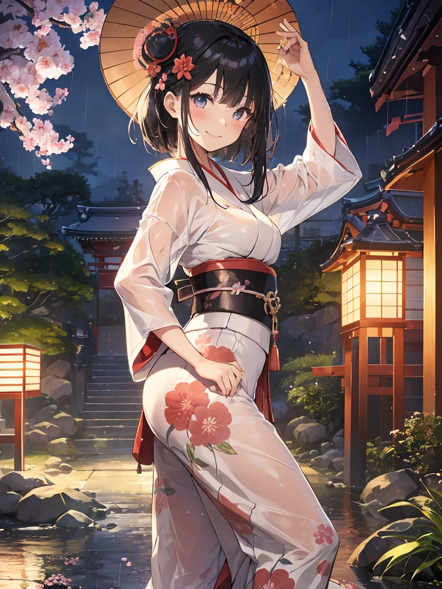Absurd, Ultra-detailed,Bright colors, 8k,Very beautifully detailed face and eyes, Age 15,(Smooth and straight black hair), (Shiny Hair:1.2), Delicate and beautiful face, blush, in the rainy japanese garden, looking at viewer , (Relaxed smile:1.4), kanzasi, Lantern ,willow, wooden chaise lounge, bangs, kimono, Blur, (dancing at japanise garden:1.5), kimono is wet from the rain and is a little transparent, From the side,  Depth of written boundary,Night Scenery