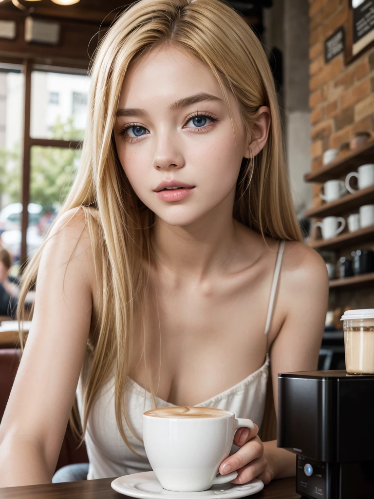 young beautiful blonde woman in coffee shop