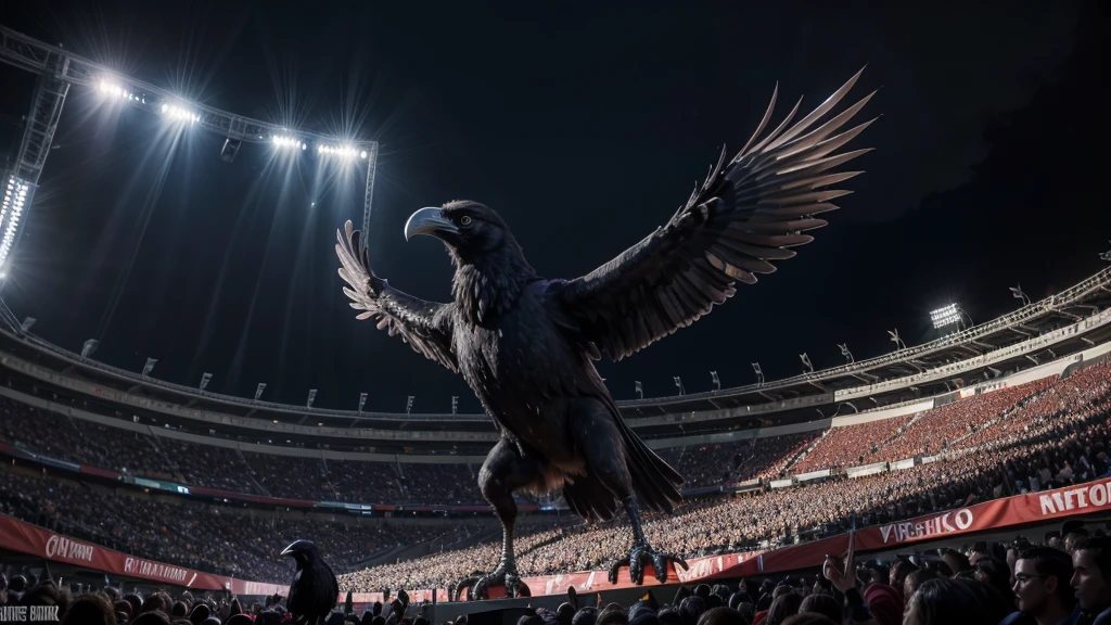 Create a high-definition image of a giant raven confronting a mascot Saci in the center of a packed stadium. The crowd is dressed entirely in white, cheering and waving their hands. The raven is majestic and imposing, with intricate feather details and a powerful presence. The mascot Saci, with his iconic red cap and one-legged stance, is standing boldly in front of the raven. The stadium is filled with vibrant energy, lights, and smoke effects, adding to the dramatic atmosphere. The background shows thousands of excited fans, creating a striking and surreal scene.
