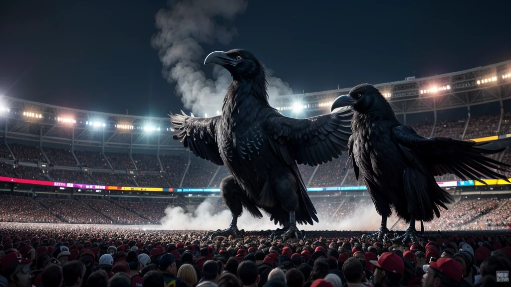 Create a high-definition image of a giant raven confronting a mascot Saci in the center of a packed stadium. The crowd is dressed entirely in white, cheering and waving their hands. The raven is majestic and imposing, with intricate feather details and a powerful presence. The mascot Saci, with his iconic red cap and one-legged stance, is standing boldly in front of the raven. The stadium is filled with vibrant energy, lights, and smoke effects, adding to the dramatic atmosphere. The background shows thousands of excited fans, creating a striking and surreal scene.