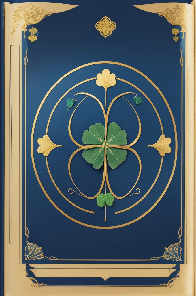 A blue grimoire with simple gold lines in the corners, and a four-leaf clover in the center