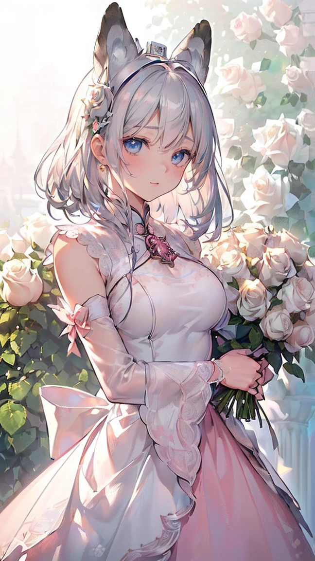 (((masterpiece))), (((Highest quality))), ((Super detailed)), ((Ultra-fine illustrations)), ((Ultra-fine painting)), (16K Highest quality wallpaper:1.4), (Upper Body:1.4), (Highly detailed and subtle illustration style:1.8), Detailed skin texture, Detailed cloth texture, Detailed rose flower texture, Detailed wood grain texture, Very detailed explanation, (T-masterpiece), (Highly detailed face:1.4), original, RAW Photos, Professional, Intricate details, Super Detail, Direct sunlight:1.6, (Perfect Anatomy:1.4), (Extremely elaborate hands:1.2), (Highly detailed fingers:1.2), (Very dexterous fingers:1.2), (16 years old), Genuine, (alone:1.6), (Idol、9つの尾と青い目を持つgod秘的でgod聖な銀色のキツネの少女, god々Messenger of, And the shrine maiden:1.4) brake (Beautiful and adorable silver fox ears:1.6), (Very detailed and delicate silver fox ears:1.4), (Beautiful and well-shaped big breasts:1.2), (Beautiful and shapely butt), (Beautiful and shiny silver hair:1.6), (Very delicate and exquisite silver hair:1.4), (Clear blue eyes that shine beautifully in every detail:1.6), (Very delicate and detailed blue eyes:1.2), (Highly detailed face:1.4), (smile:1.4), (View your viewers:1.4), (Are standing:1.4), (celebration:1.4) brake ((celebrationの席で着られる、A delicate and beautiful princess dress.。:1.4)) brake ((Holding a large, intricate and delicate bouquet in both hands ((White and pink roses)):1.3)) brake (After noon:1.4), (celebration:1.4), (((Highly detailed and delicate white rose flowers and pink rose flower garden background:1.3))), (春のAfter noonの、Highly detailed and intricate palace courtyard background:1.3) brake
