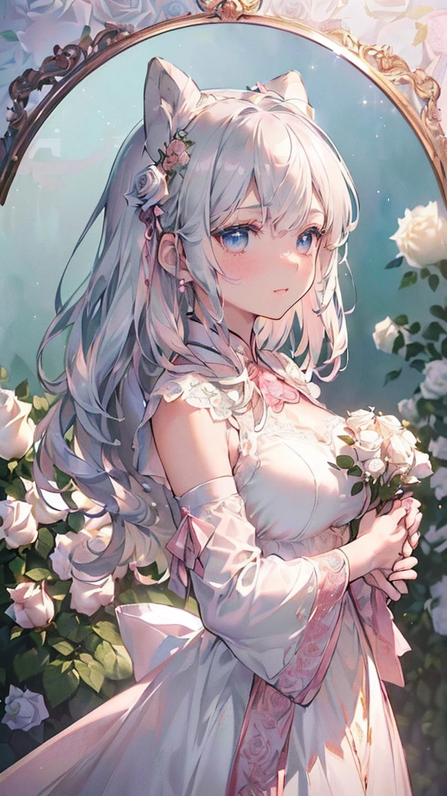 (((masterpiece))), (((Highest quality))), ((Super detailed)), ((Ultra-fine illustrations)), ((Ultra-fine painting)), (16K Highest quality wallpaper:1.4), (Upper Body:1.4), (Highly detailed and subtle illustration style:1.8), Detailed skin texture, Detailed cloth texture, Detailed rose flower texture, Detailed wood grain texture, Very detailed explanation, (T-masterpiece), (Highly detailed face:1.4), original, RAW Photos, Professional, Intricate details, Super Detail, Direct sunlight:1.6, (Perfect Anatomy:1.4), (Extremely elaborate hands:1.2), (Highly detailed fingers:1.2), (Very dexterous fingers:1.2), (16 years old), Genuine, (alone:1.6), (Idol、9つの尾と青い目を持つgod秘的でgod聖な銀色のキツネの少女, god々Messenger of, And the shrine maiden:1.4) brake (Beautiful and adorable silver fox ears:1.6), (Very detailed and delicate silver fox ears:1.4), (Beautiful and well-shaped big breasts:1.2), (Beautiful and shapely butt), (Beautiful and shiny silver hair:1.6), (Very delicate and exquisite silver hair:1.4), (Clear blue eyes that shine beautifully in every detail:1.6), (Very delicate and detailed blue eyes:1.2), (Highly detailed face:1.4), (smile:1.4), (View your viewers:1.4), (Are standing:1.4), (celebration:1.4) brake ((celebrationの席で着られる、A delicate and beautiful princess dress.。:1.4)) brake ((Holding a large, intricate and delicate bouquet in both hands ((White and pink roses)):1.3)) brake (After noon:1.4), (celebration:1.4), (((Highly detailed and delicate white rose flowers and pink rose flower garden background:1.3))), (春のAfter noonの、Highly detailed and intricate palace courtyard background:1.3) brake