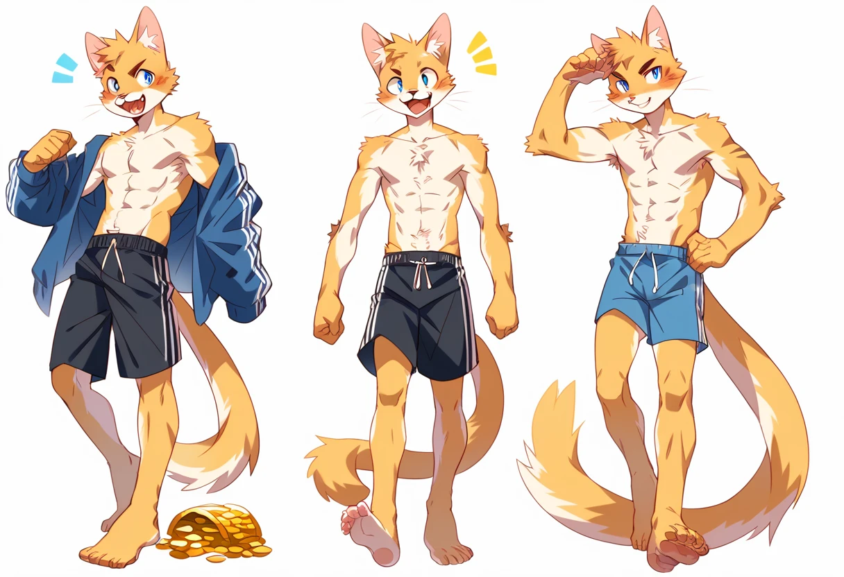 score_9, score_8_up, score_7_up, male, furry, full body, high quality, hires, anthro, teenager, , domestic cat, yellow fur, blue eyes, handsome, excited expression, humanoid feet, shirtless, slim body, slender body, prominent v-line, prominent abs, prominent legs, prominent forearms, prominent knees, white background, treasure trail, armpit hair, furry legs, bulge, in various poses, dick, showing off his abs, casual clothes