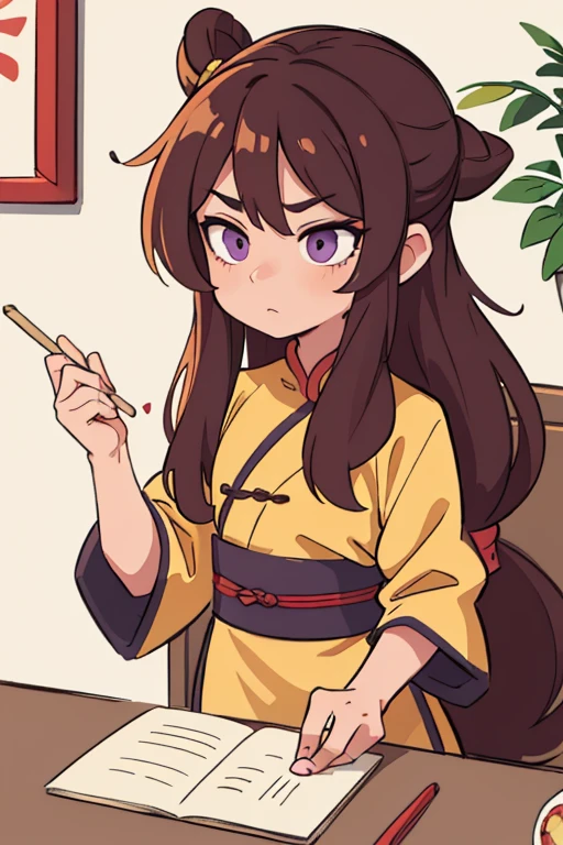 ((Best Quality, Masterpiece)),
(( Best Quality, ancient china)), loose hair, Brown hair, pastel purple eyes, yellow hanfu
