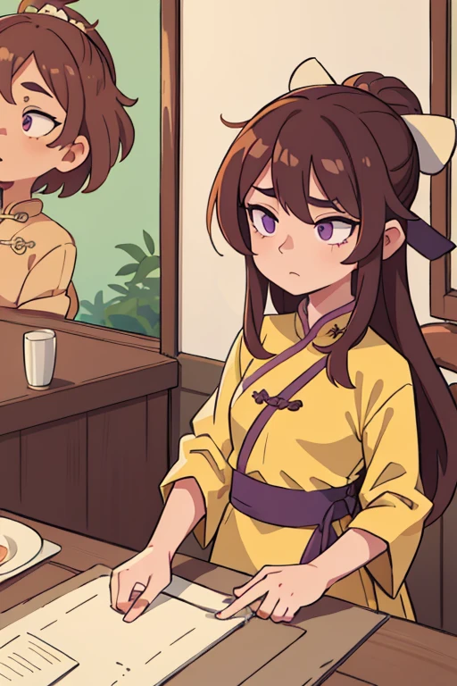 ((Best Quality, Masterpiece)), 
(( Best Quality, ancient china)), loose hair, Brown hair, pastel purple eyes, yellow hanfu

