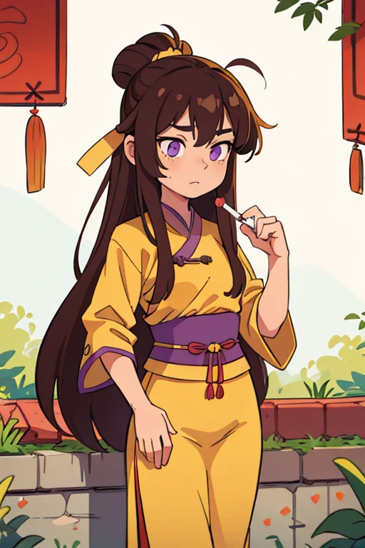 ((Best Quality, Masterpiece)),
(( Best Quality, ancient china)), loose hair, Brown hair, pastel purple eyes, yellow hanfu