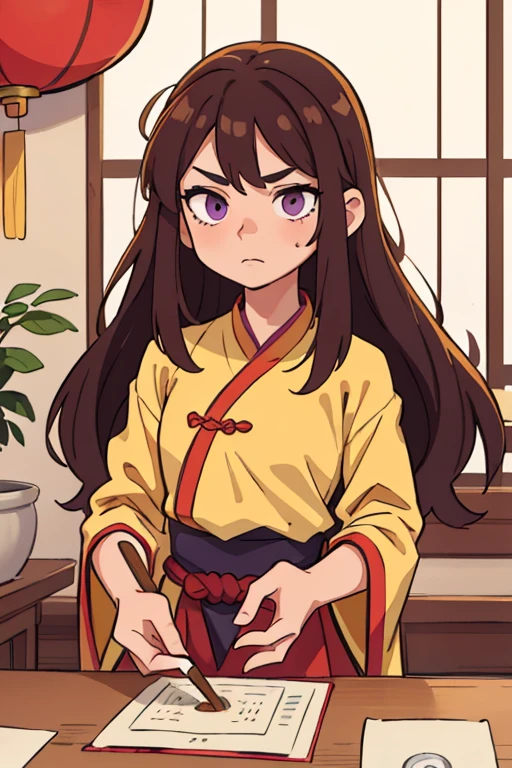 ((Best Quality, Masterpiece)),
(( Best Quality, ancient china)), loose hair, Brown hair, pastel purple eyes, yellow hanfu