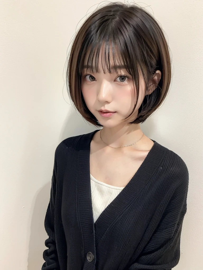 20th generation Japanese women、bob hair with movement、wearing a black cardigan、Taken in front of a white wall、Inside a white walled room with a window、light bob、brown hair、average face of a japanese woman