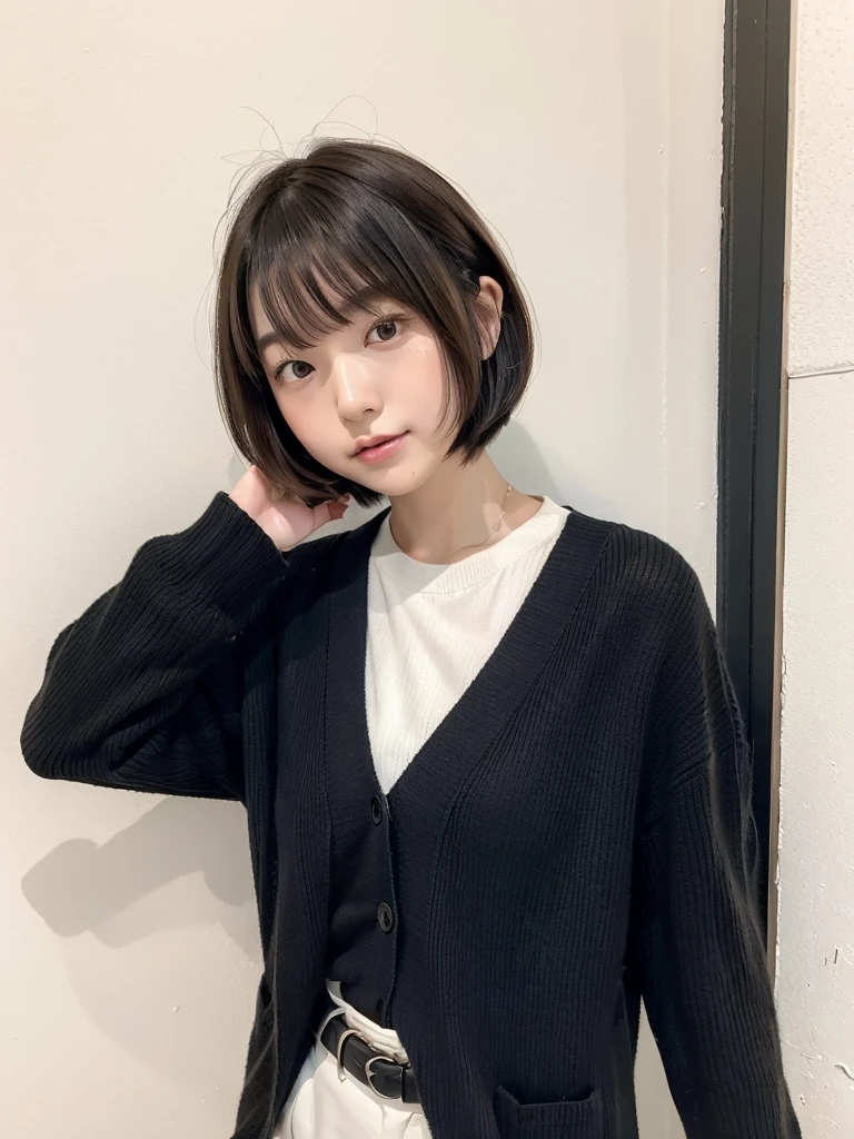 20th generation Japanese women、bob hair with movement、wearing a black cardigan、Taken in front of a white wall、Inside a white walled room with a window、light bob、brown hair、average face of a japanese woman