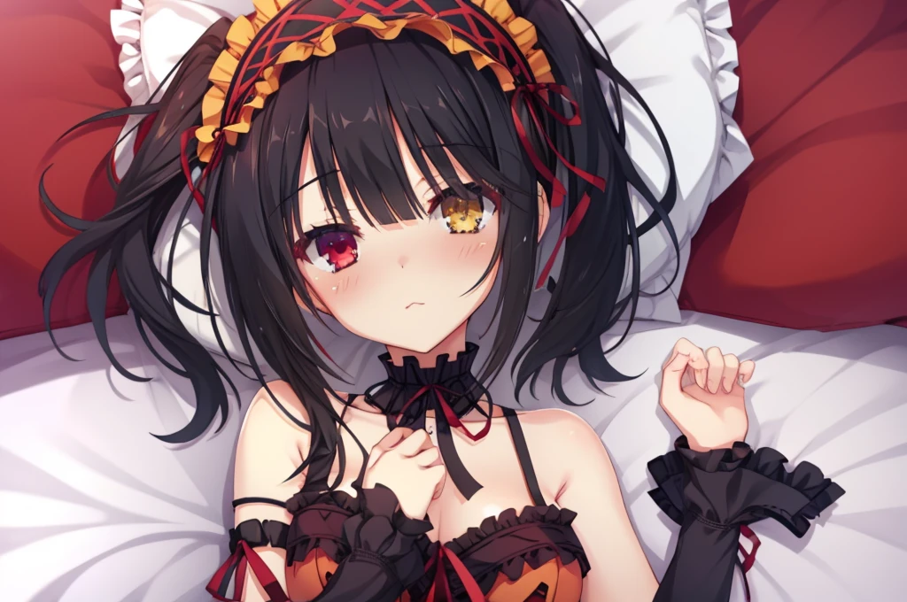 KurumiBase, (clock eyes), heterochromia, twintails, hairband, red dress, frills, detached sleeves, frilled choker,Lying down,bed,Blushing,View your viewers,Face close up,best image quality,highest quality