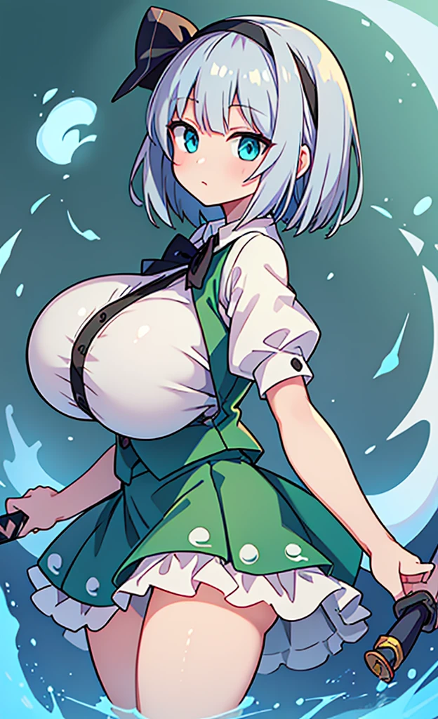 masterpiece,Highest quality,1 Girl,alone,Pokémon-like art style, (gigantic breasts:1.5), WHITE HAIR,SHORT HAIR,HAIR RIBBON,HAIRBAND, GREEN EYES,BOW,WHITE SHIRT,GREEN VEST,GREEN SKIRT, KONPAKU YOUMU (GHOST), SHORT_HAIR, RIBBON, HAIRBAND, BLACK_HAIRBAND, HAIR_RIBBON, BLACK_RIBBON, BANGS, WHITE_HAIR, VEST, BLUE_EYES, GREEN_VEST, SWORD, KATANA, HITODAMA, BOW, BLUSH, BLACK_BOW, GREY_HAIR, 