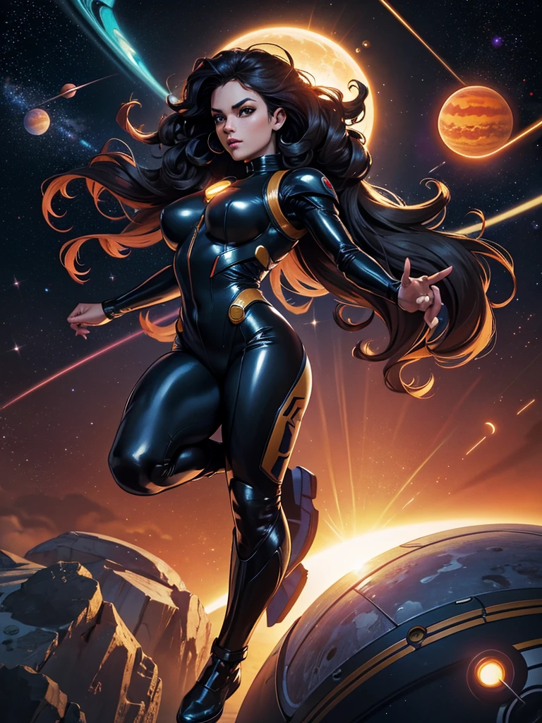 best qualityer, work of art, space superhero woman, whole body, Jumpy, high-tech vest over black latex suit, long  curly hair, floating in deep space, with several planets and suns in the background