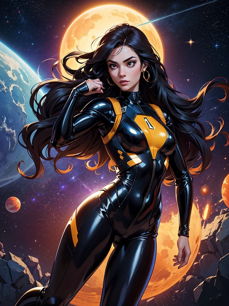 best qualityer, work of art, space superhero woman, whole body, Jumpy, high-tech vest over black latex suit, long curly hair, floating in deep space, with several planets and suns in the background