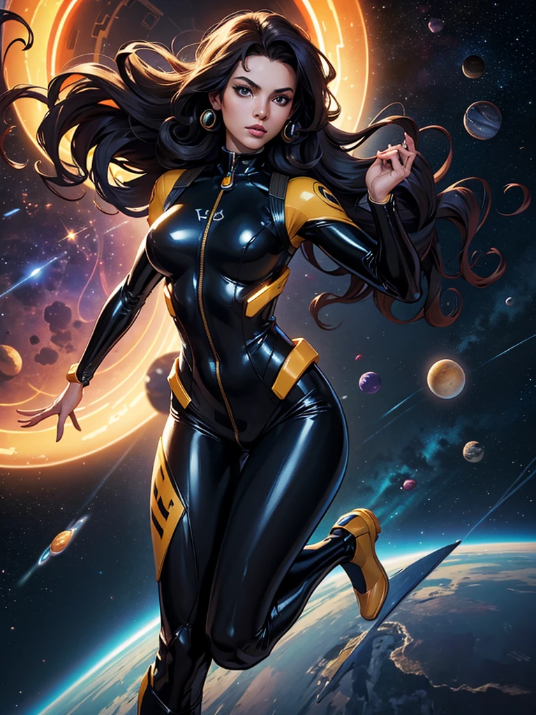 best qualityer, work of art, space superhero woman, whole body, Jumpy, high-tech vest over black latex suit, long curly hair, floating in deep space, with several planets and suns in the background