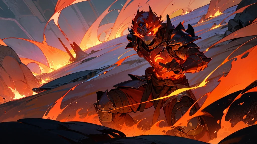 A warrior in lava armor, flames coming out of his hands and glowing red eyes, olhos grandes e brilhantes, Irises with multiple colors or gradients, Eyes with shine or reflections. The background is an active volcano with rivers of lava around it.