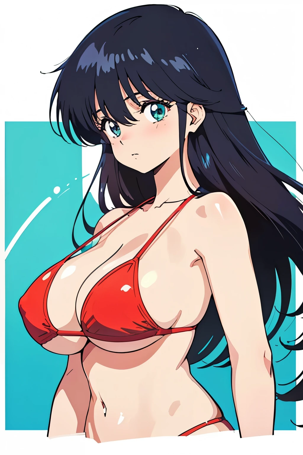 (masutepiece, Best Quality, High resolution:1.5, anime colours, megami magazine:1.2, anime poster style, anime keyvisual, sharp, 8k, photorealistic), (beautiful detailed eyes:1.5, beautiful detailed face:1.2), madoka ayukawa, 1girl, blush, (black hair, Long Hair), (sagging huge breasts), (red bikini), upper body, (Perfect detailed Anatomy, beautiful detailed hair, beautiful detailed body:1.2, shiny skin), (thick outline, Beautiful outlines, black outlines), simple background