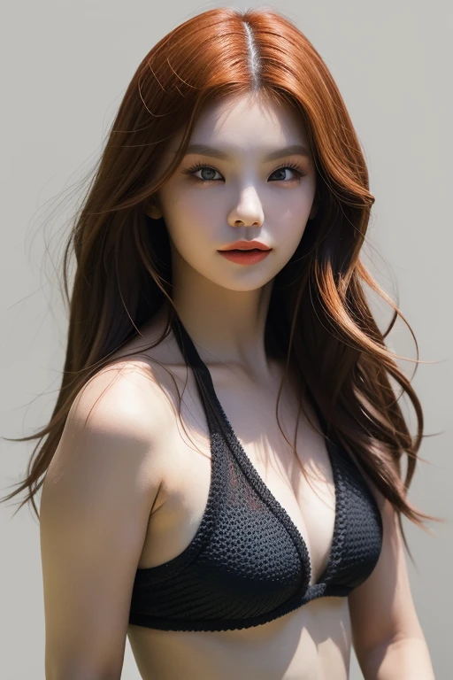 jennie1,1girl, solo, (realistic),(hyperrealism),(best quality),(masterpiece),(ultra high res),(photorealistic),(film grain),(upper body),eye makeup,detailed eyes,detailed face, ginger hair, mesh bikini, posing for a photo, simple background