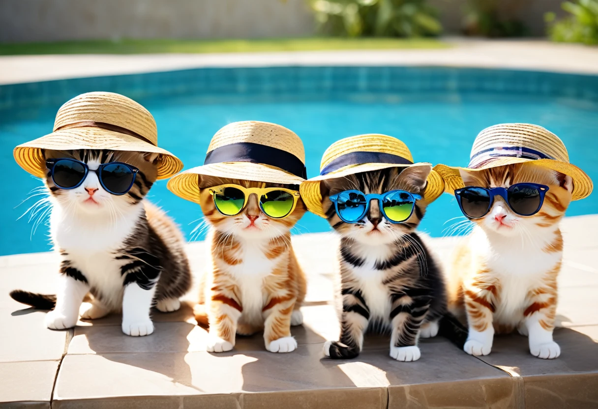 there are four 猫 wearing hats and sunglasses on a Pool, cute kitten, kitten party, cuteness, cute kitten, On a sunny day, kitten, cowboy cat, ah, kitten, kitten! Stay around, Cute and adorable, ahwww, Cat Cat Cat, Daylight Saving Time, Cute face, Cute Hats, Pool , Cute Cat Pictures, Cat swimming in water,sunglasses,Straw hat,Swimwear, high resolution, Cute masterpiece, Highest quality