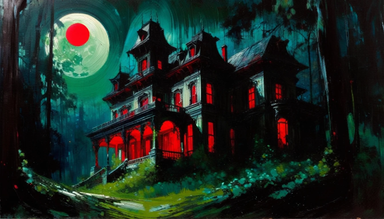 Abandoned mansion in a lush forest, red moon, darkness, shadow play, a wolf, stars, (art inspired in Bill Sienkiewicz). oil painting, details of brush strokes that enhance depth)