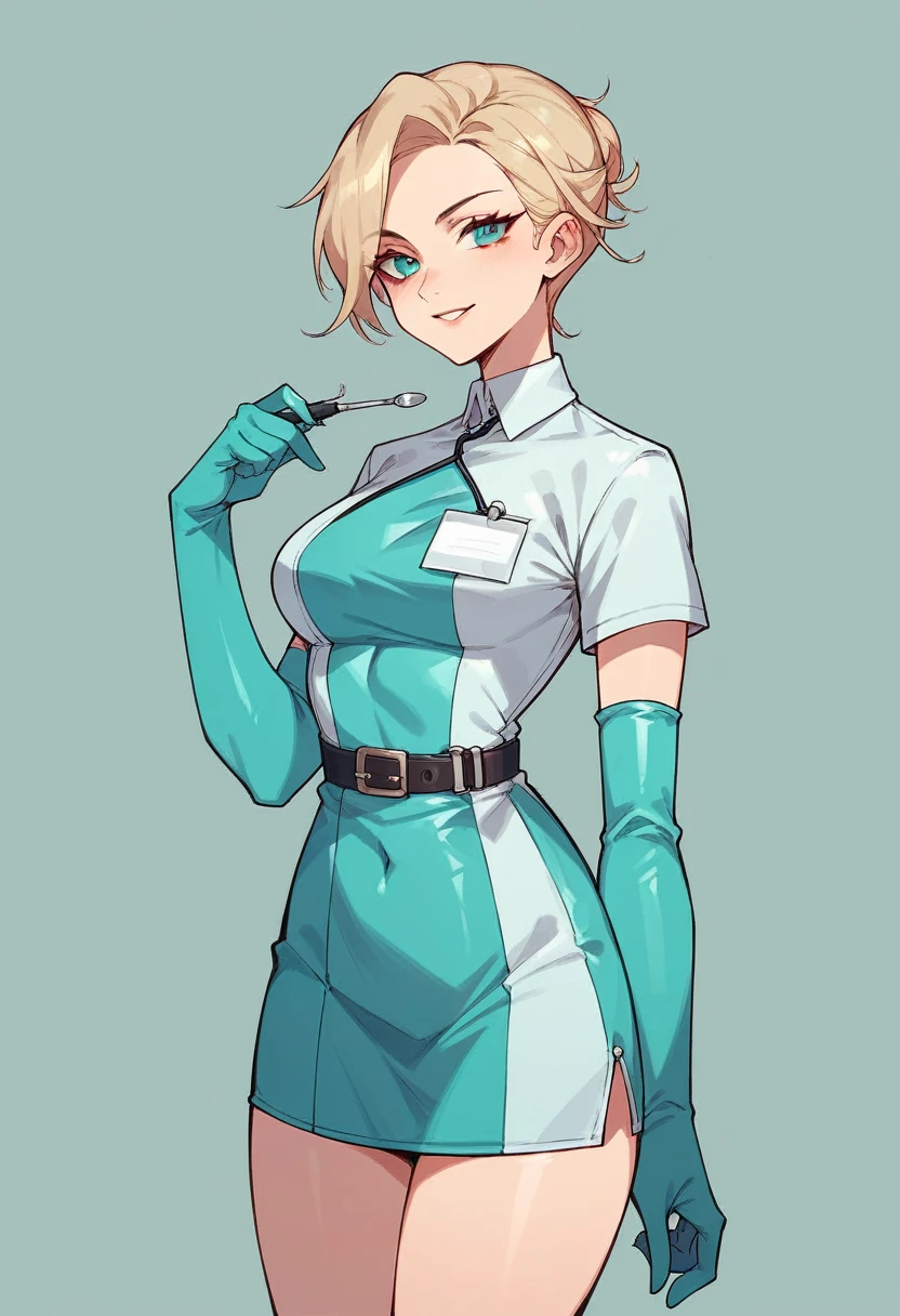 1girl, ((cyan elbow gloves)), ((surgical gloves)), ((latex gloves)), ((long sleeves)) ((white surgeon outfit)), looking at viewer, ((doctor outfit)), standing, solo