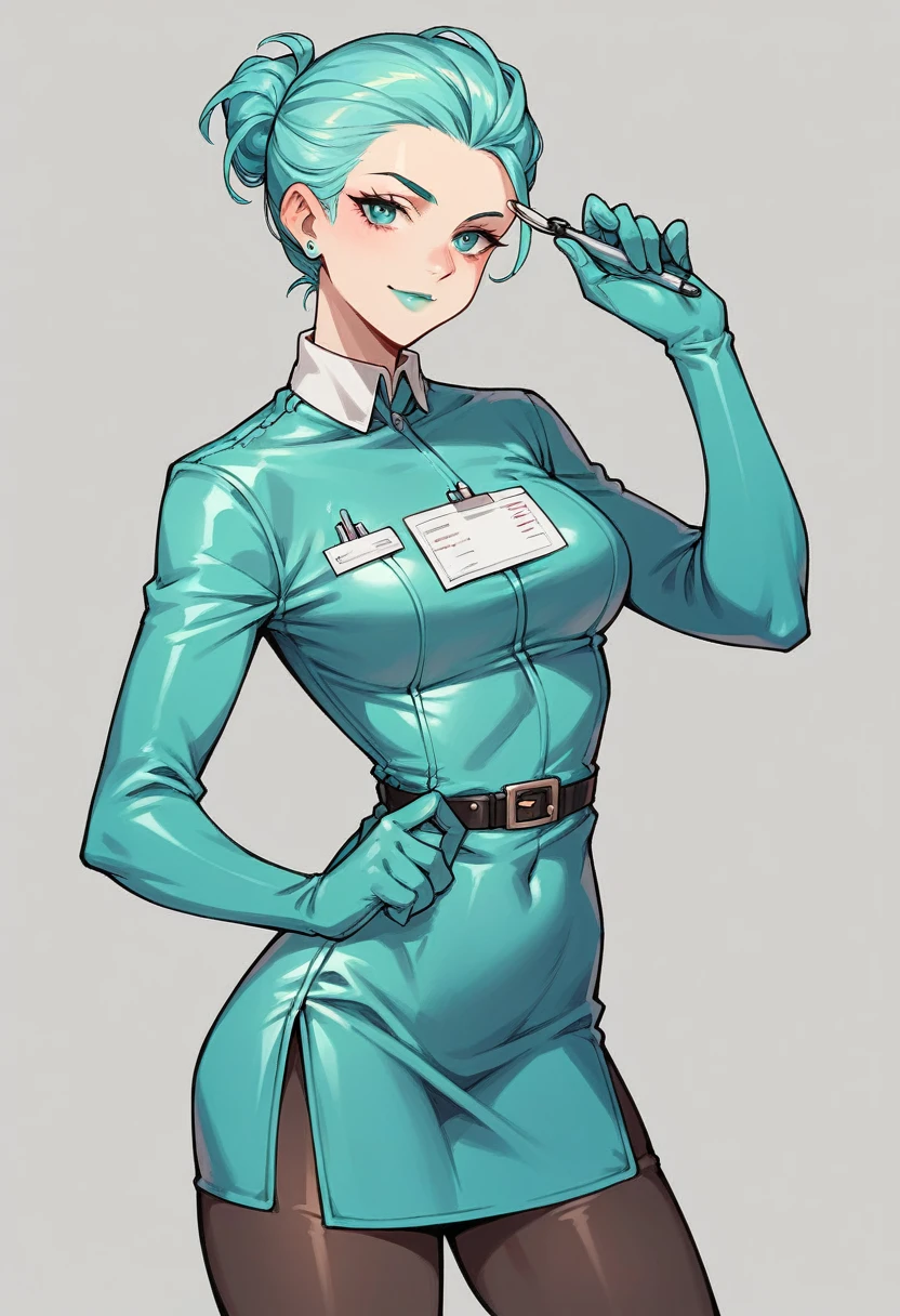 1girl, ((cyan elbow gloves)), ((surgical gloves)), ((latex gloves)), ((long sleeves)) ((white surgeon outfit)), looking at viewer, ((doctor outfit)), standing, solo